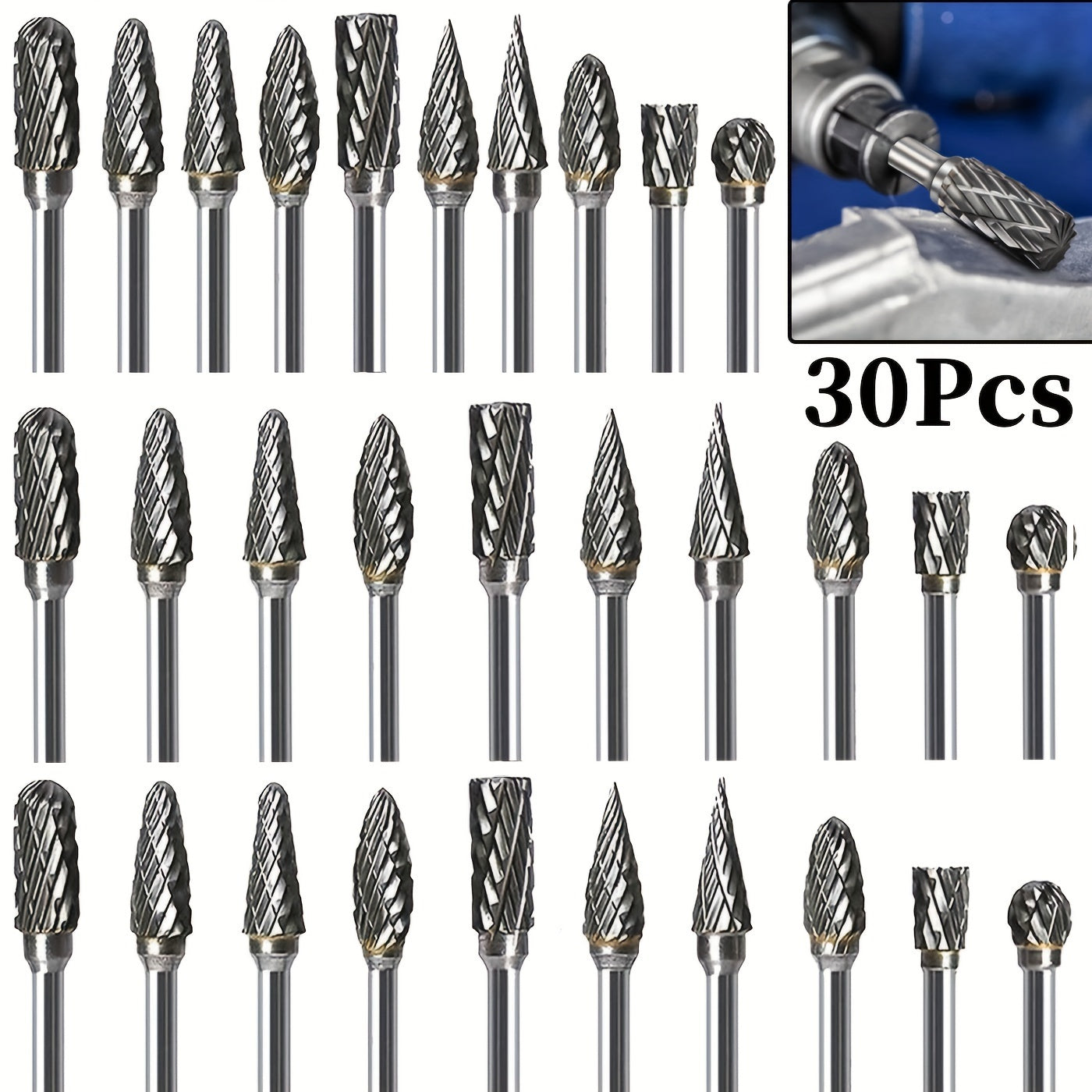 30-Piece Carbide Rotary Drill Bit Set with 1/8 Inch Handle for Woodworking Engraving and Steel