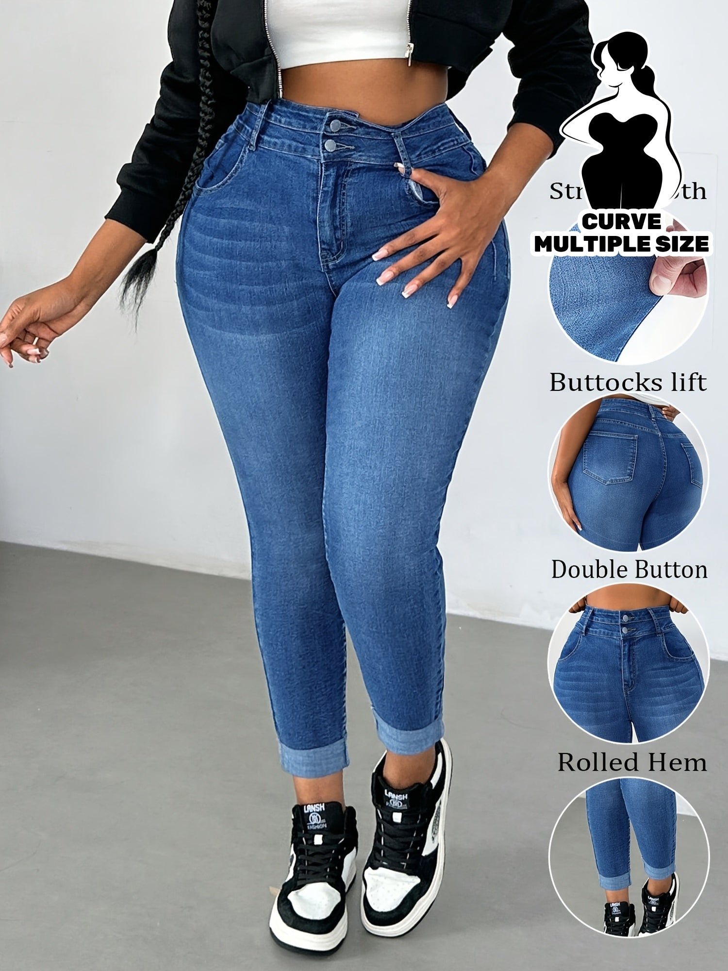 Women's Plus Size High-Waisted Blue Skinny Jeans with Stretchy Fabric