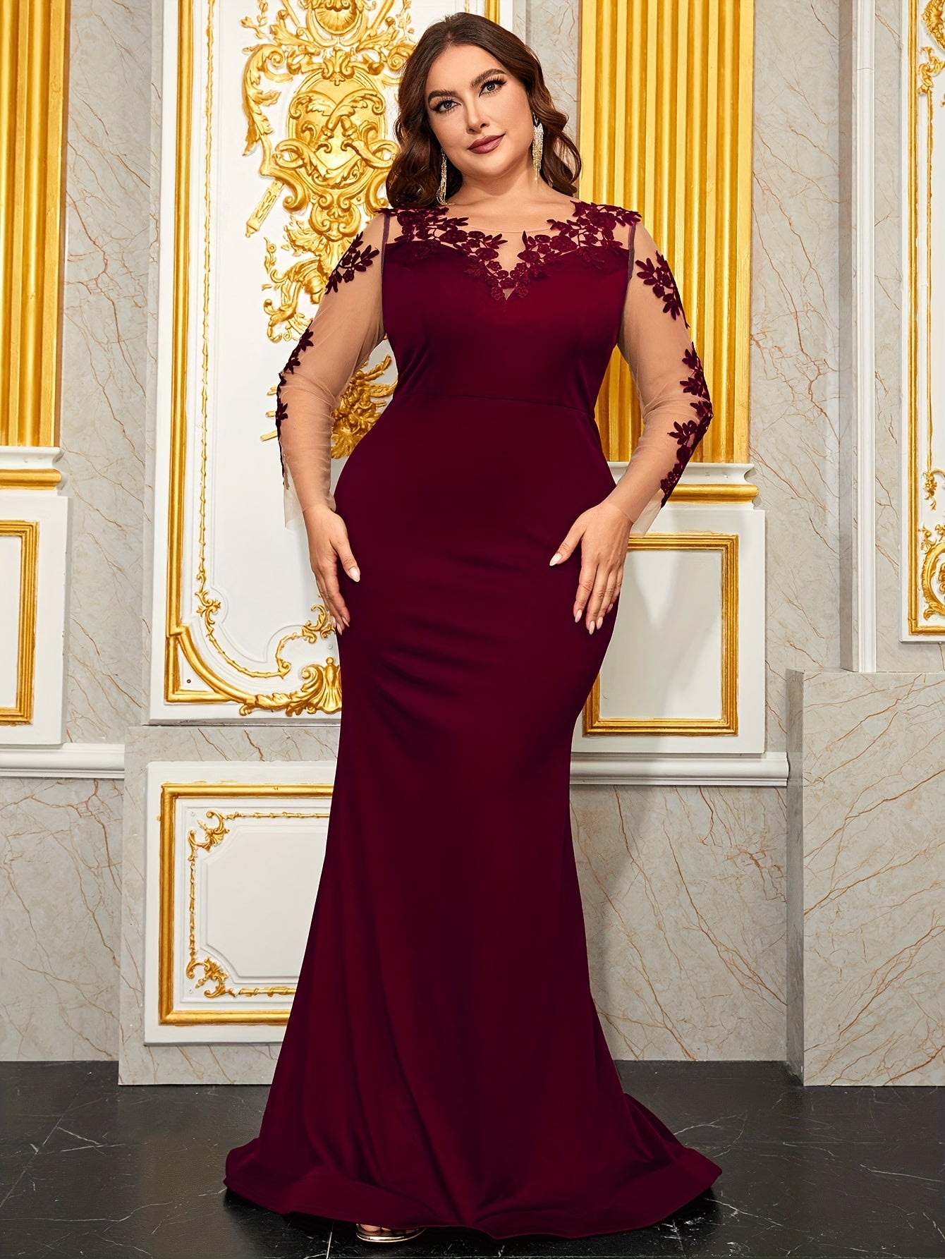 Plus Size Womens Fish Tail Evening Dress with Lace Flowers Long Sleeves