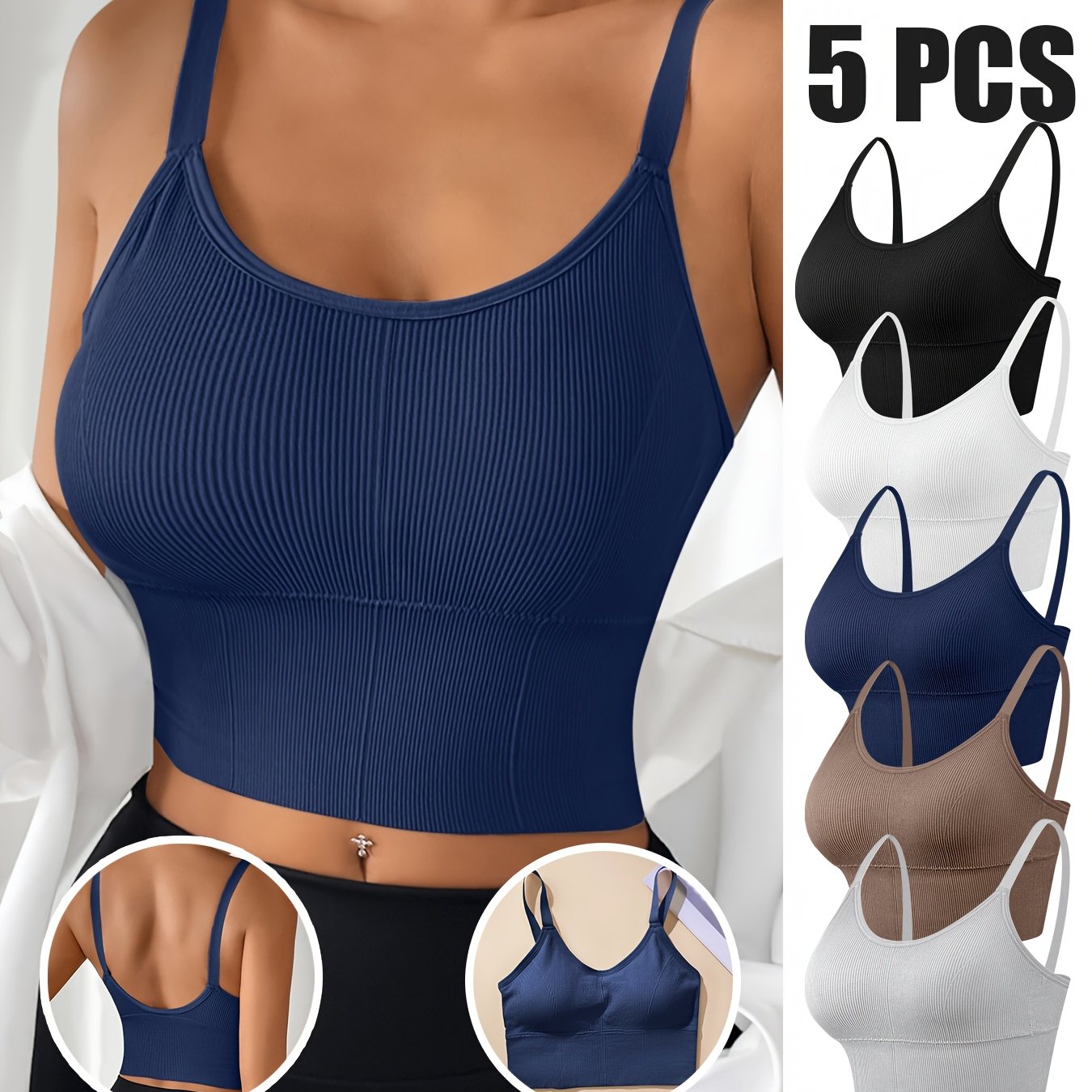 Women's Plus Size Ribbed Sports Bras Tank Tops 5 Pack Backless Wire-Free