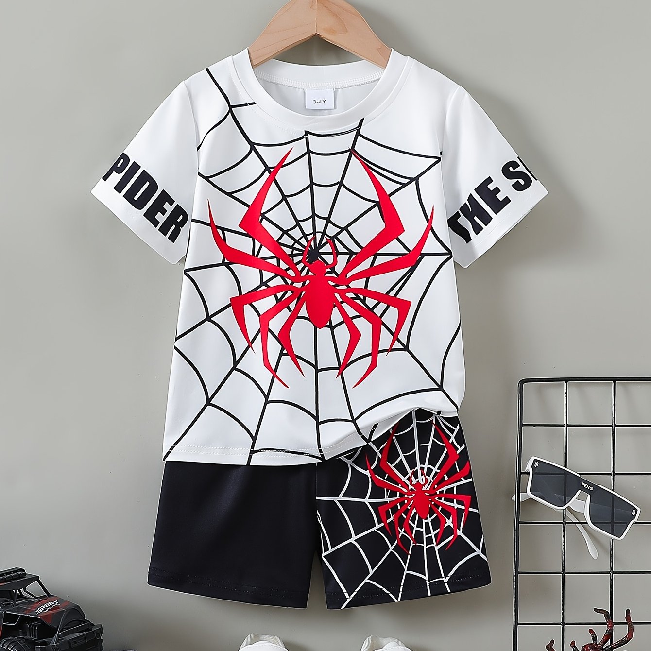 Kids Boys Spider Graphic Print T-Shirt and Shorts Set for Summer Comfort