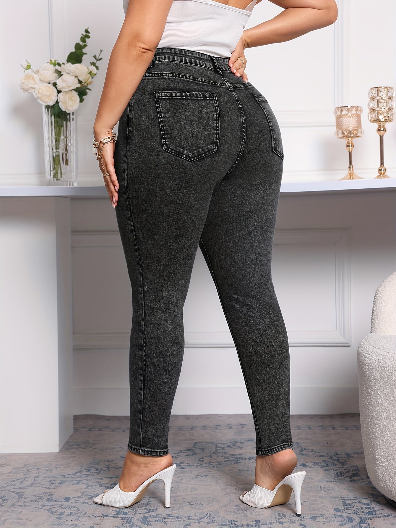 Plus Size Skinny Jeans for Women High-Waist Stretch Denim Pockets