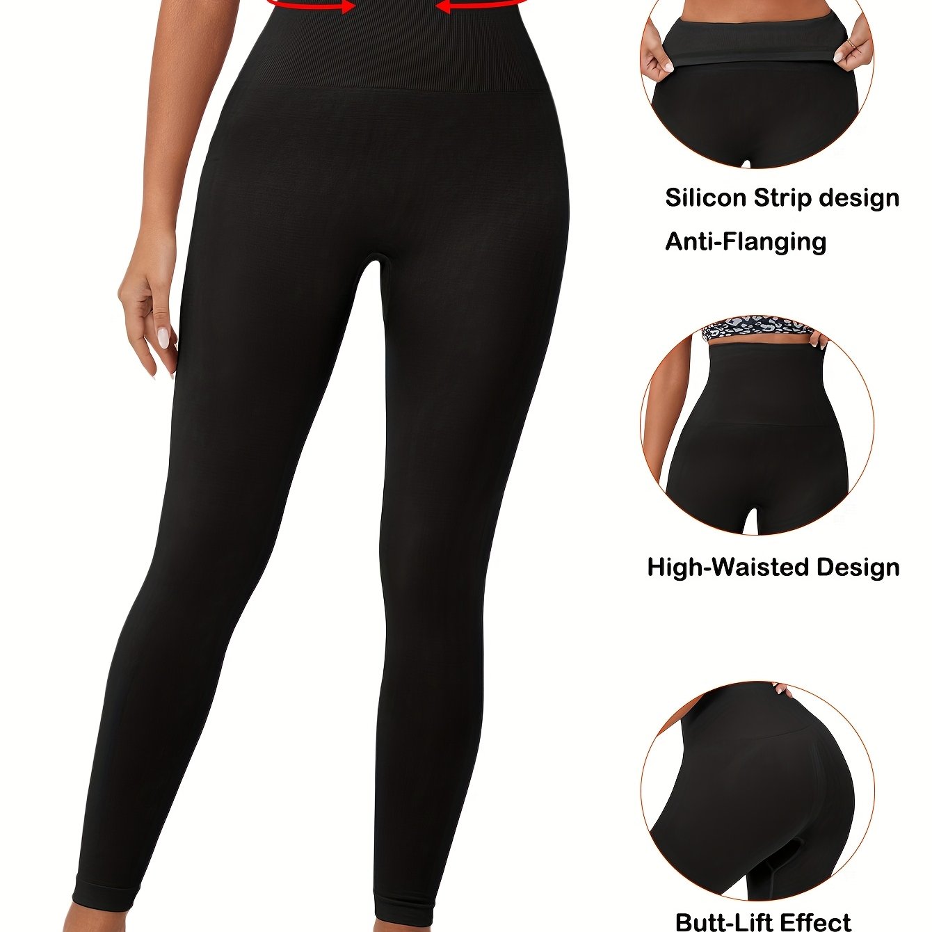 High-Waisted Yoga Pants Tummy Control Seamless Silicone Waistband Butt-Lift Solid Knit Fabric