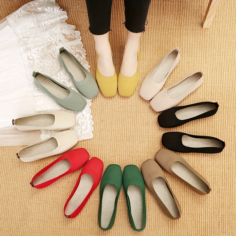 Women's Knit Flat Shoes Breathable Slip-On Square Toe Ballet Flats