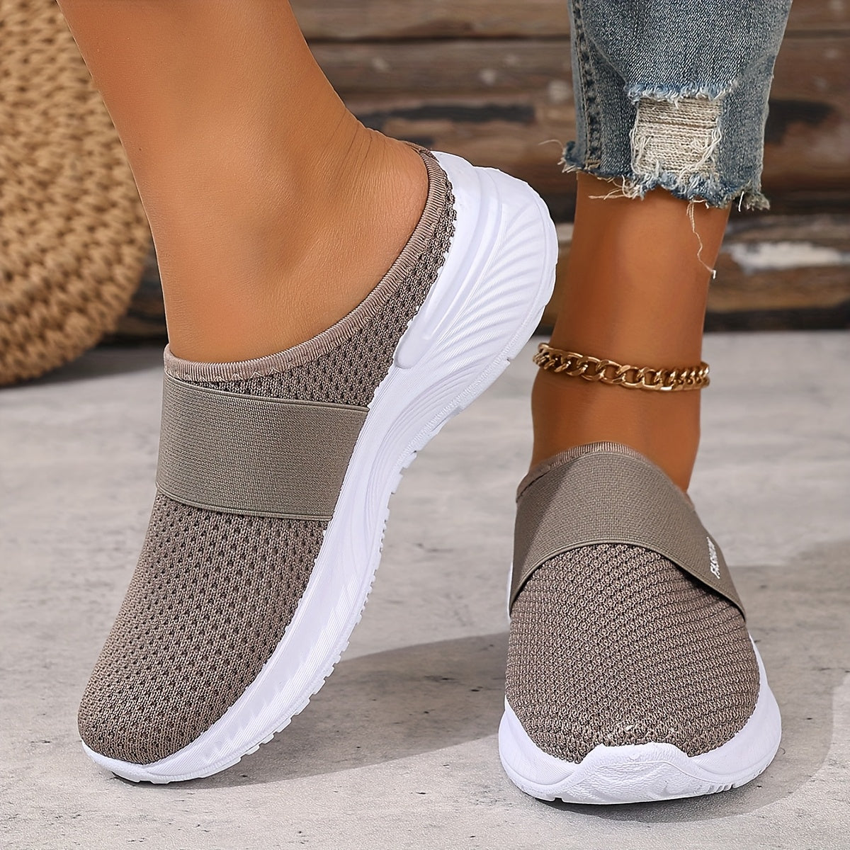 Women's White Slip-On Casual Sneakers Breathable Knit Comfortable Beach Shoes