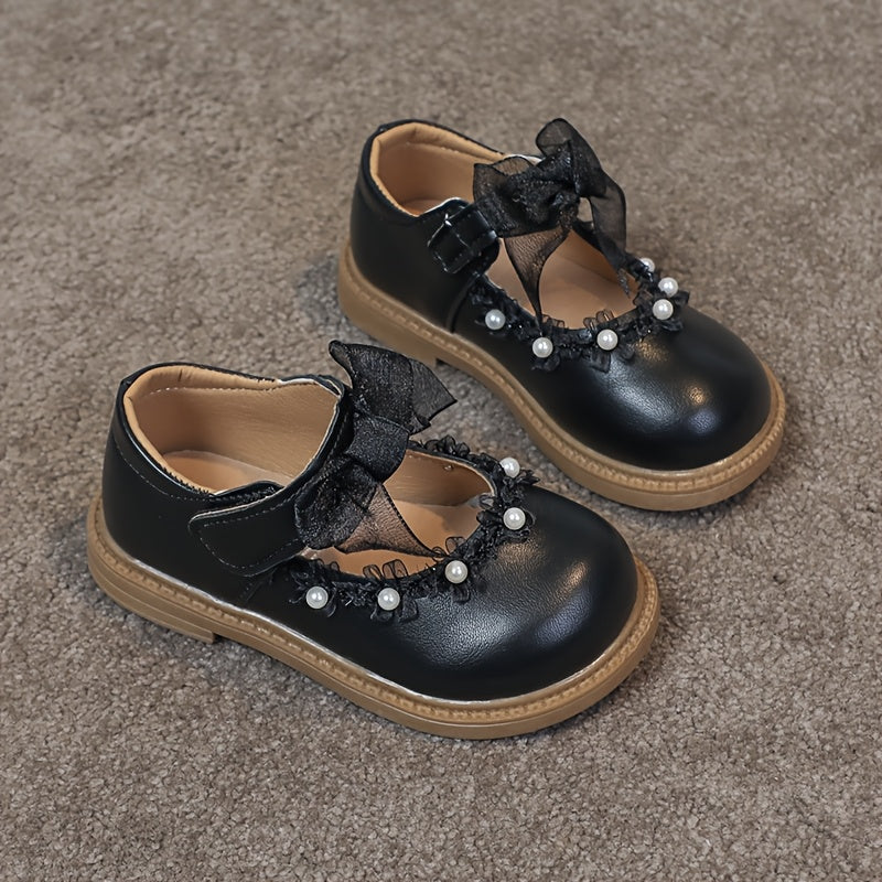 Girls' Princess Shoes with Bead Design Net Lace Bow for Parties and Daily Wear