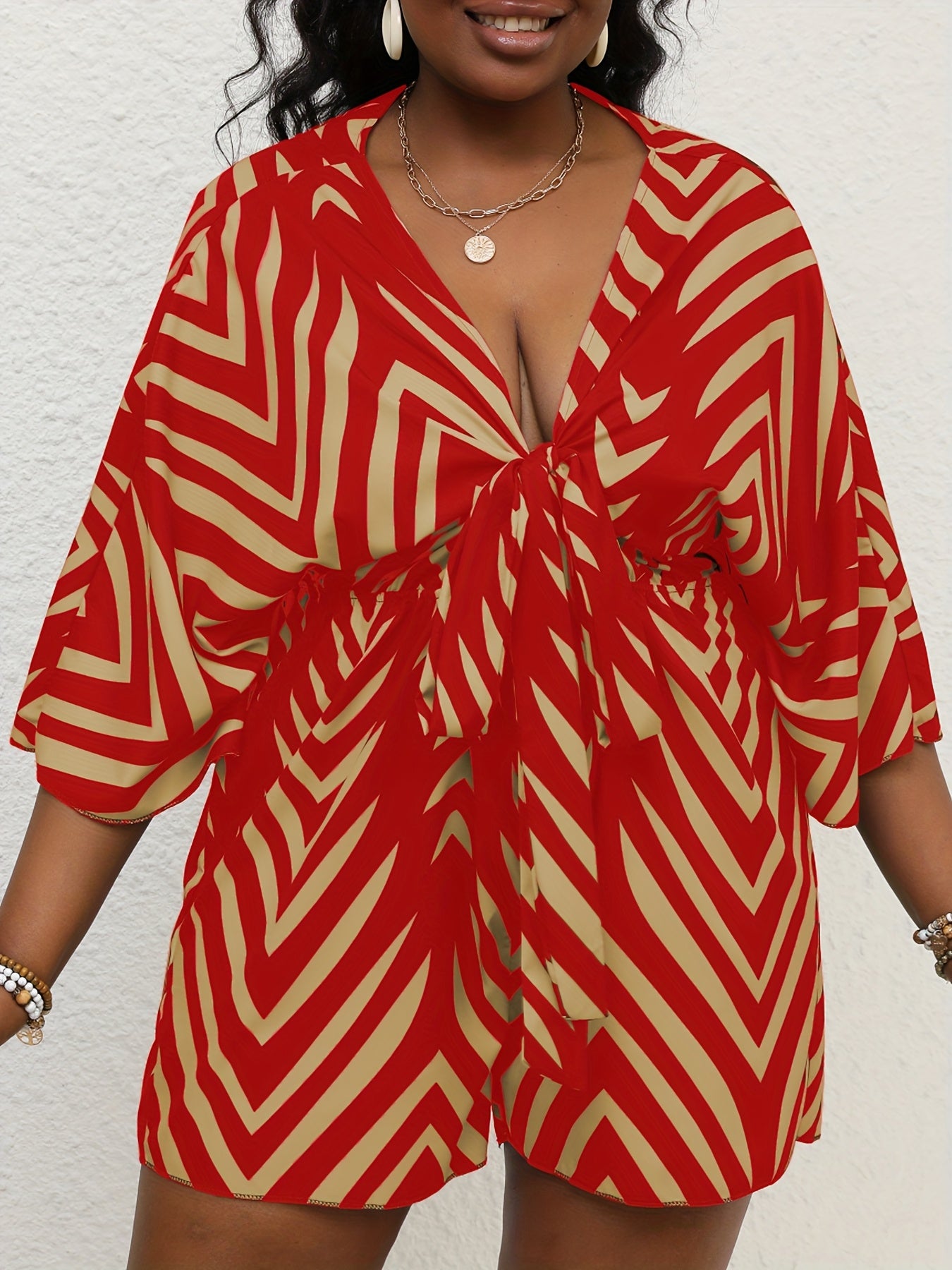 Plus Size Women's V-Neck Batwing Sleeve Jumpsuit with Belt and Zigzag Print