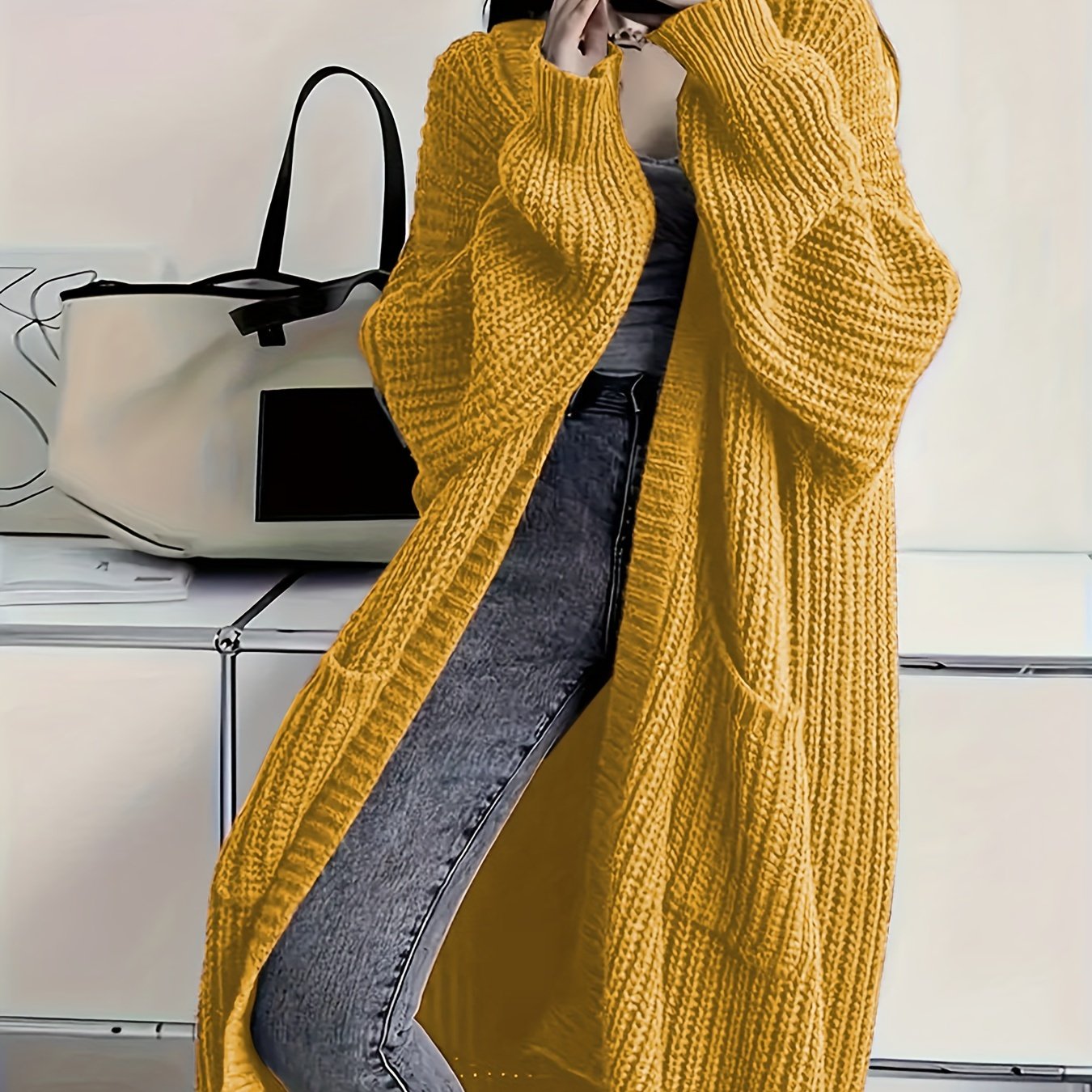 Women's Plus Size Long Knit Cardigan with Pockets V-Neck Open Front Fall Winter