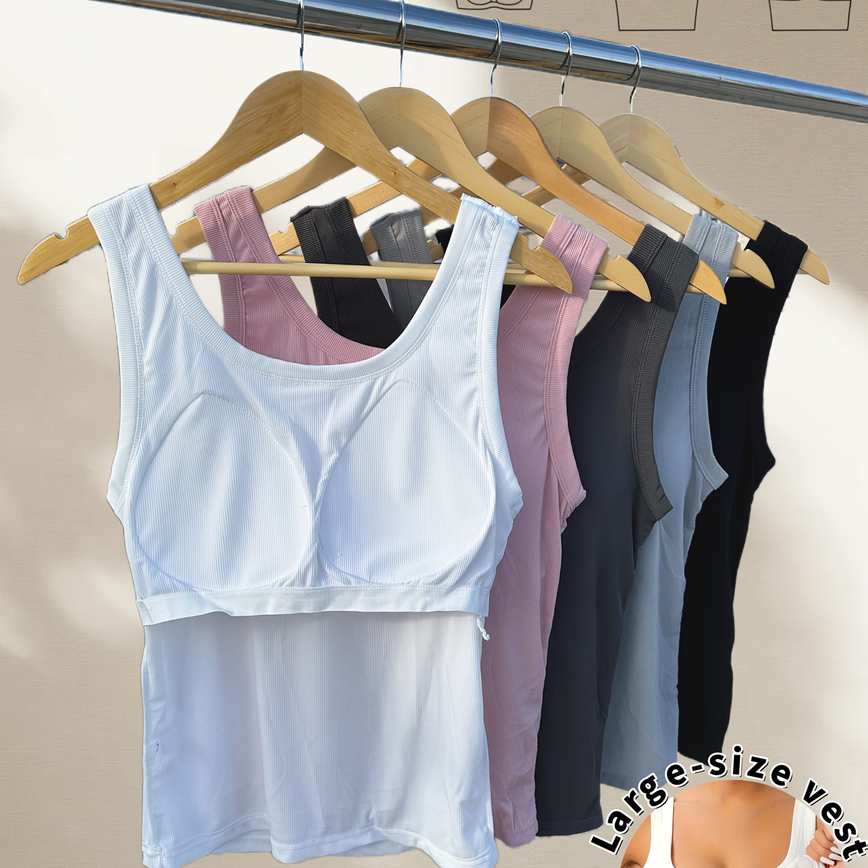 Ayollar uchun kattaroq o'lchamdagi ribbed tank toplar, ichki bra padlari bilan, 5 ta paket