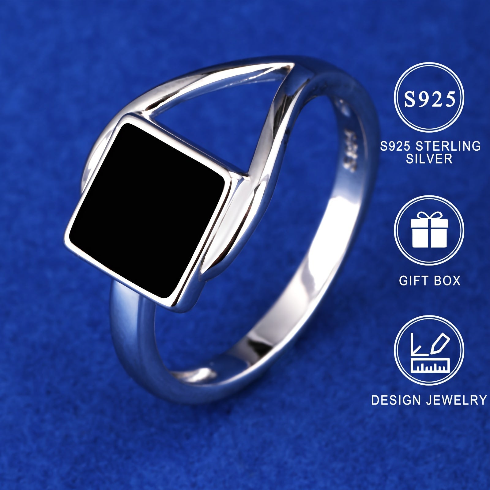 Кольцо из серебра S925 с позолотой 18K, 2,8 г, с черным квадратным дизайном и изысканным мастерством капли масла, поставляется в высококачественной ювелирной подарочной коробке для мужчин и женщин, мотив подковы, электролитическое покрытие.