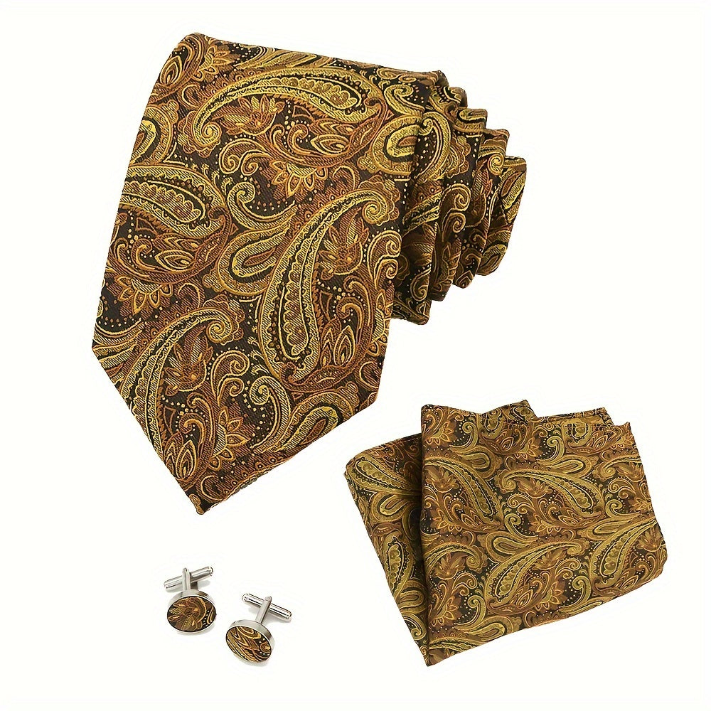 Men's Paisley Tie Pocket Square Cufflink Set Polyester Woven for Weddings Parties Business