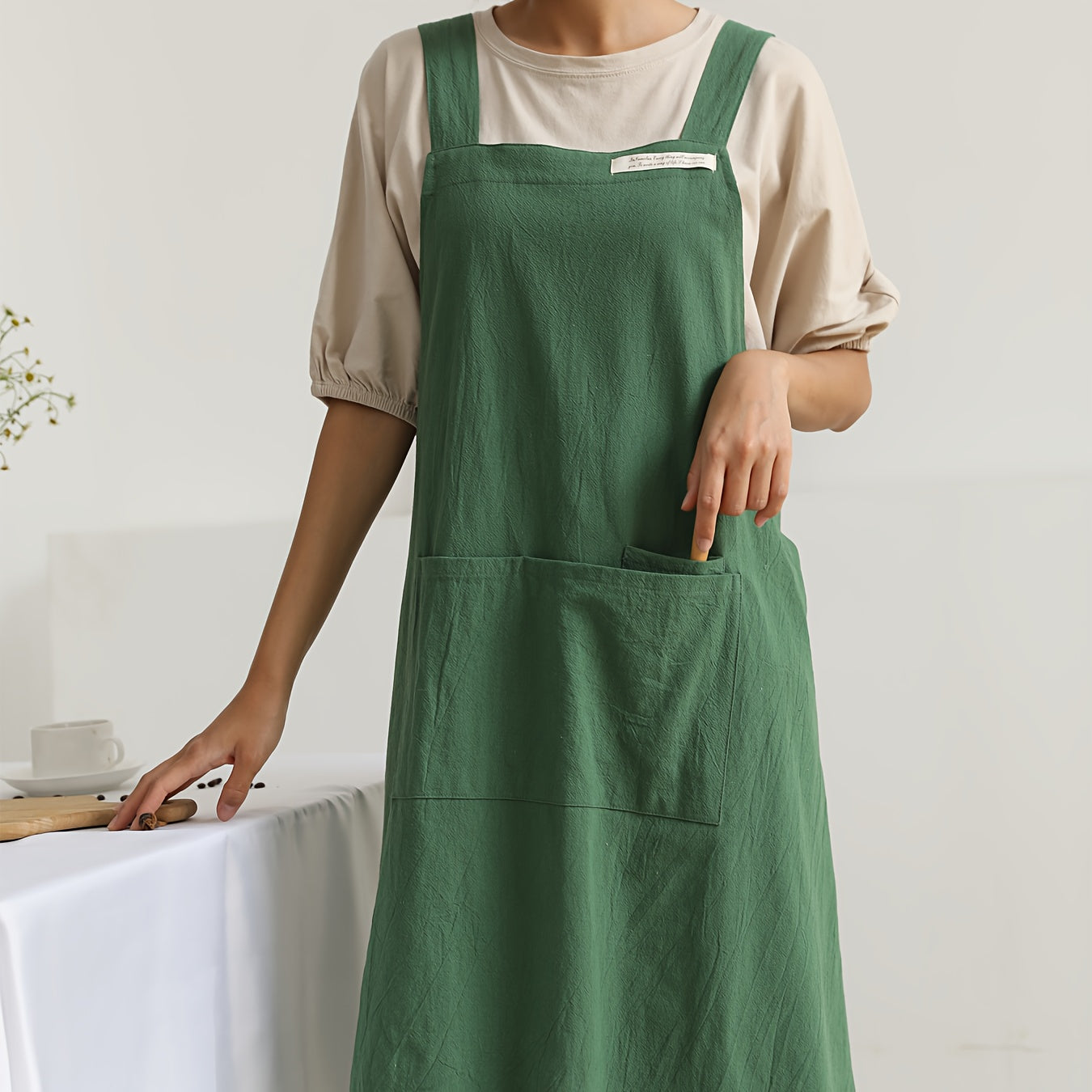 Linen Apron with Cross Straps and Pockets for Gardening Cooking Baking Painting