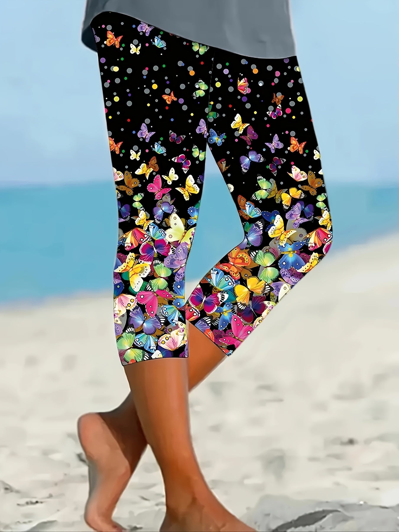 Women's Plus Size Butterfly Print Capri Leggings Stretchy High Waist Casual Beach Wear