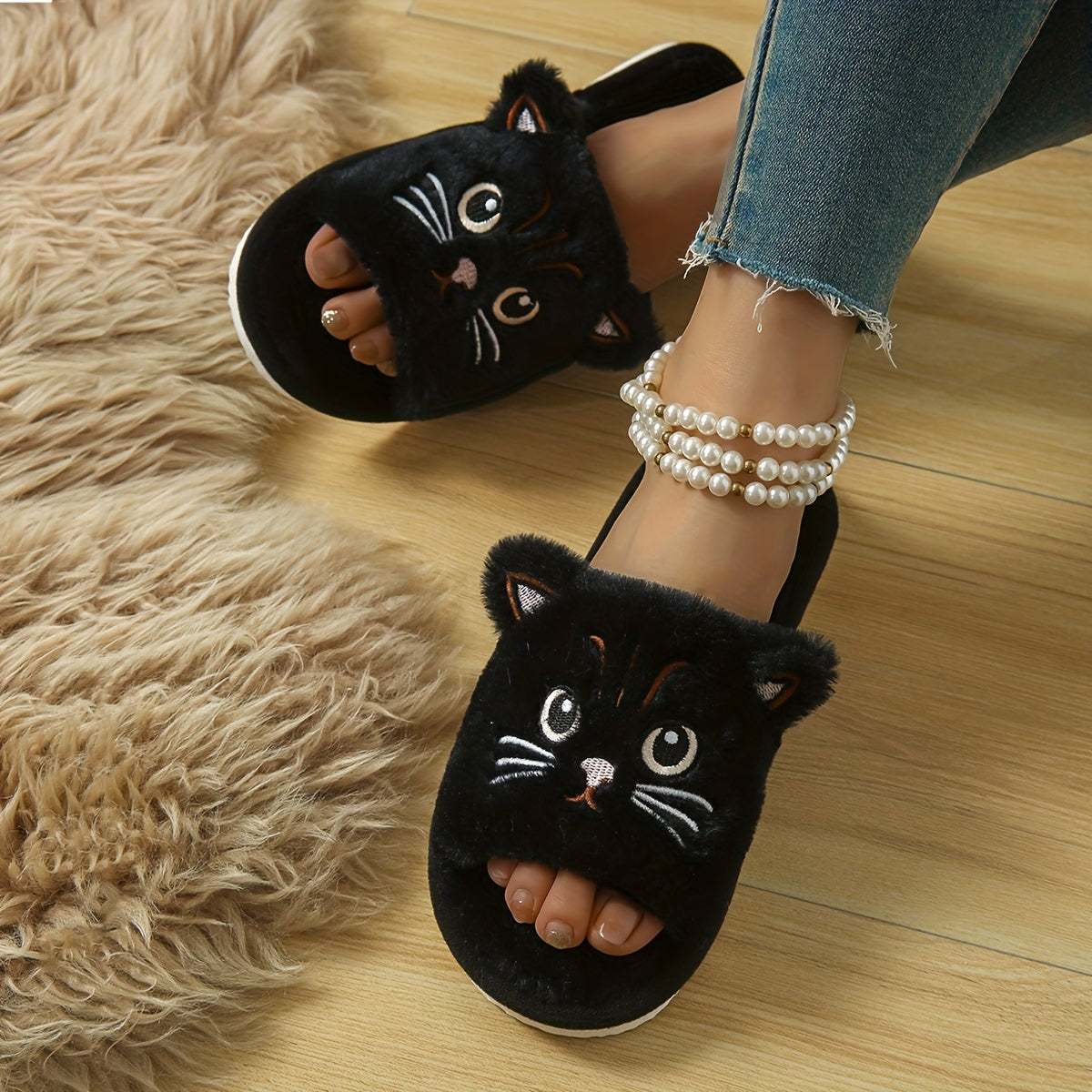 Women's Black White Faux Fur Slippers Indoor Non-Slip EVA Sole