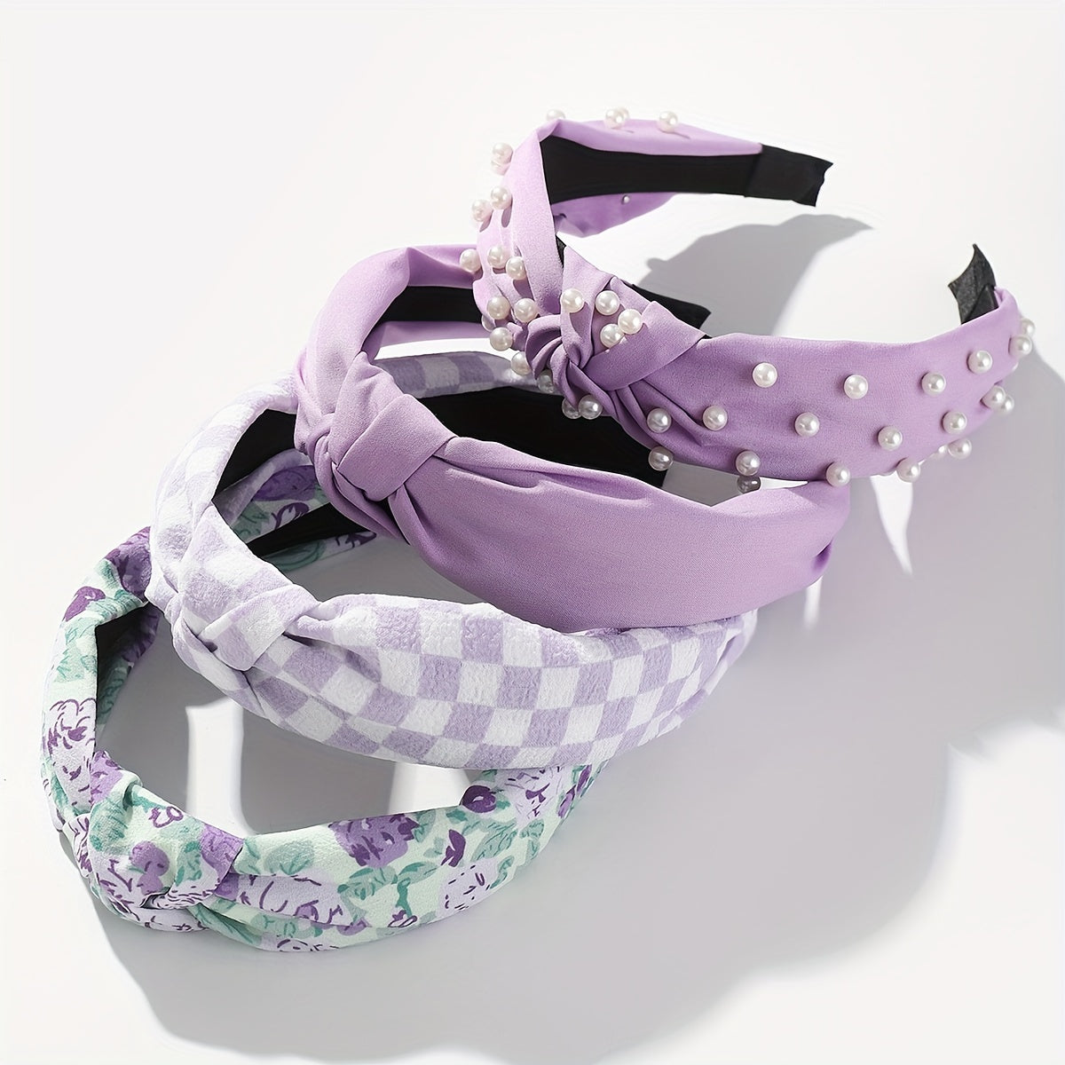 Set of 4 Women's Fabric Floral and Polka Dot Knotted Headbands with Faux Pearl Details