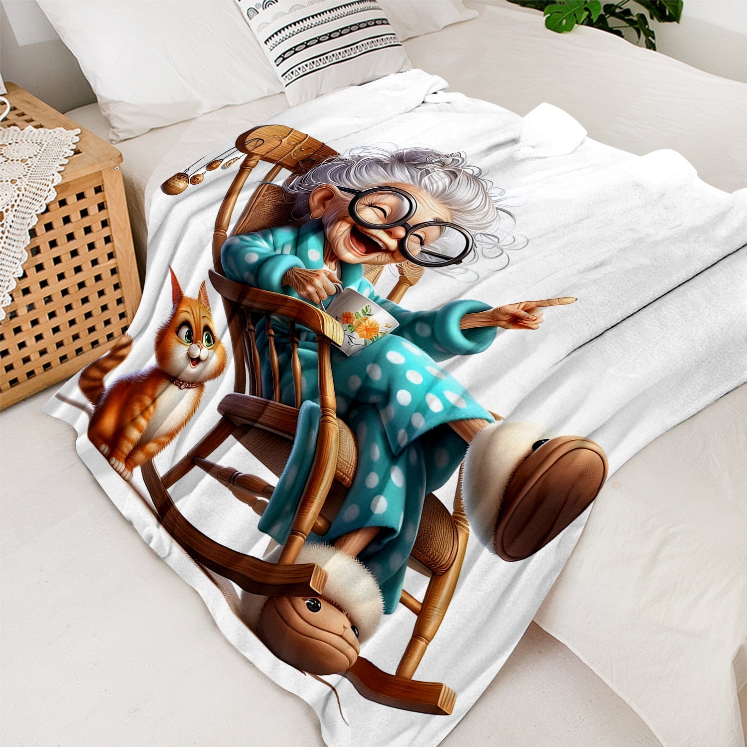 Senior Cozy Flannel Throw Blanket with Grandma and Cat Print All-Season Knitted Polyester