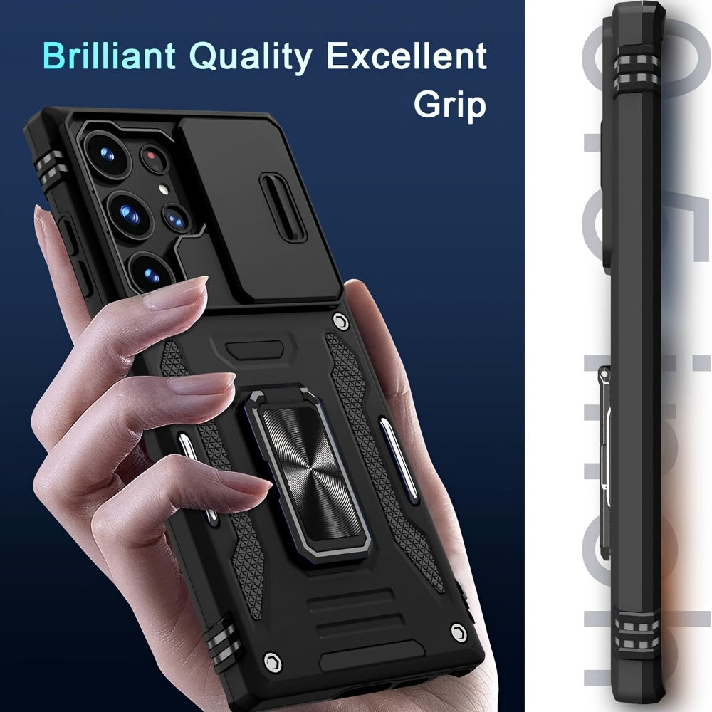 Luxury Matte 2-in-1 Armor Phone Case for Samsung Galaxy with Camera Cover and Swivel Ring
