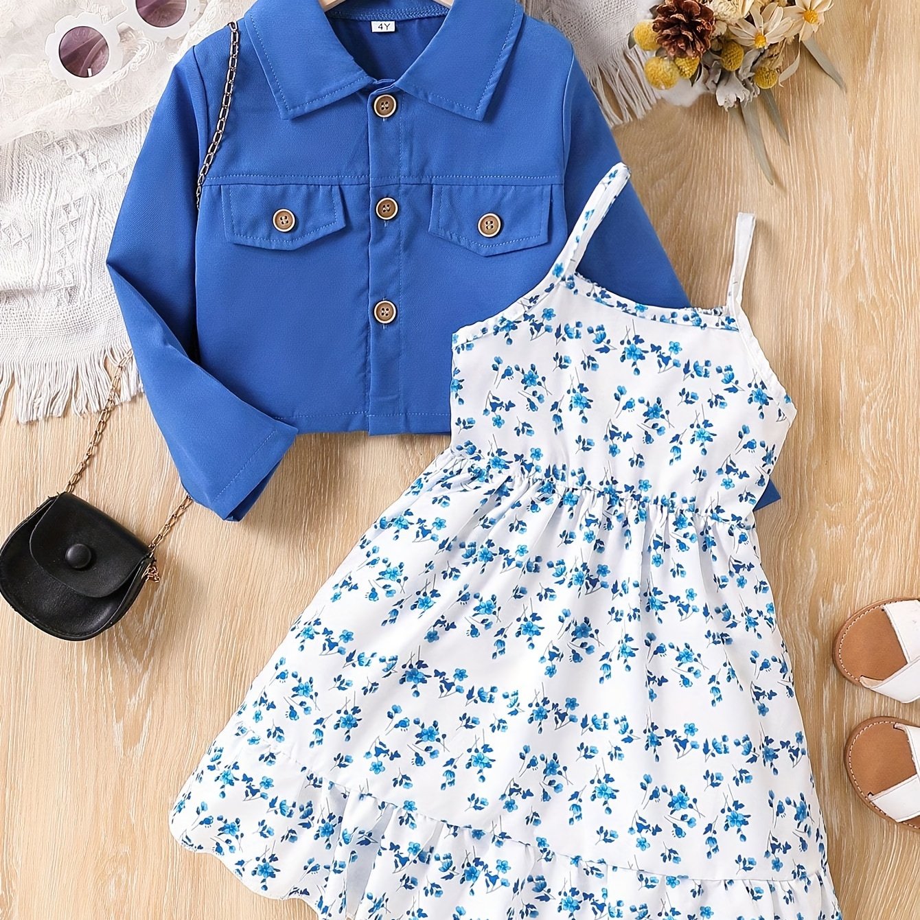 Bolalar uchun polyester gulli yubka to'plami, crop jaket va slingback poyabzal bilan