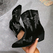Women's Glitter Rhinestone Cowboy Boots with Zipper Chunky Heel