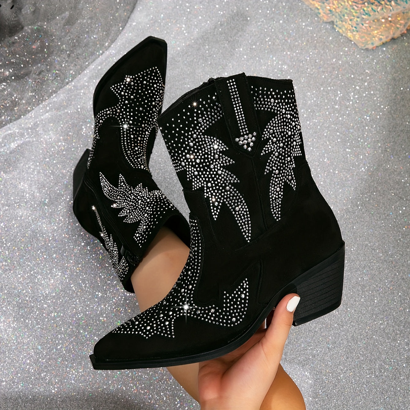Women's Glitter Rhinestone Cowboy Boots with Zipper Chunky Heel
