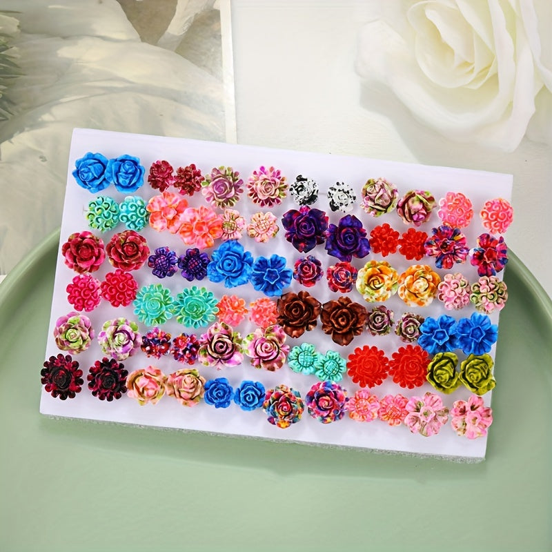 Set of 36 Boho Chic Colorful Rose Stud Earrings for Men Women Resin Flower Gift