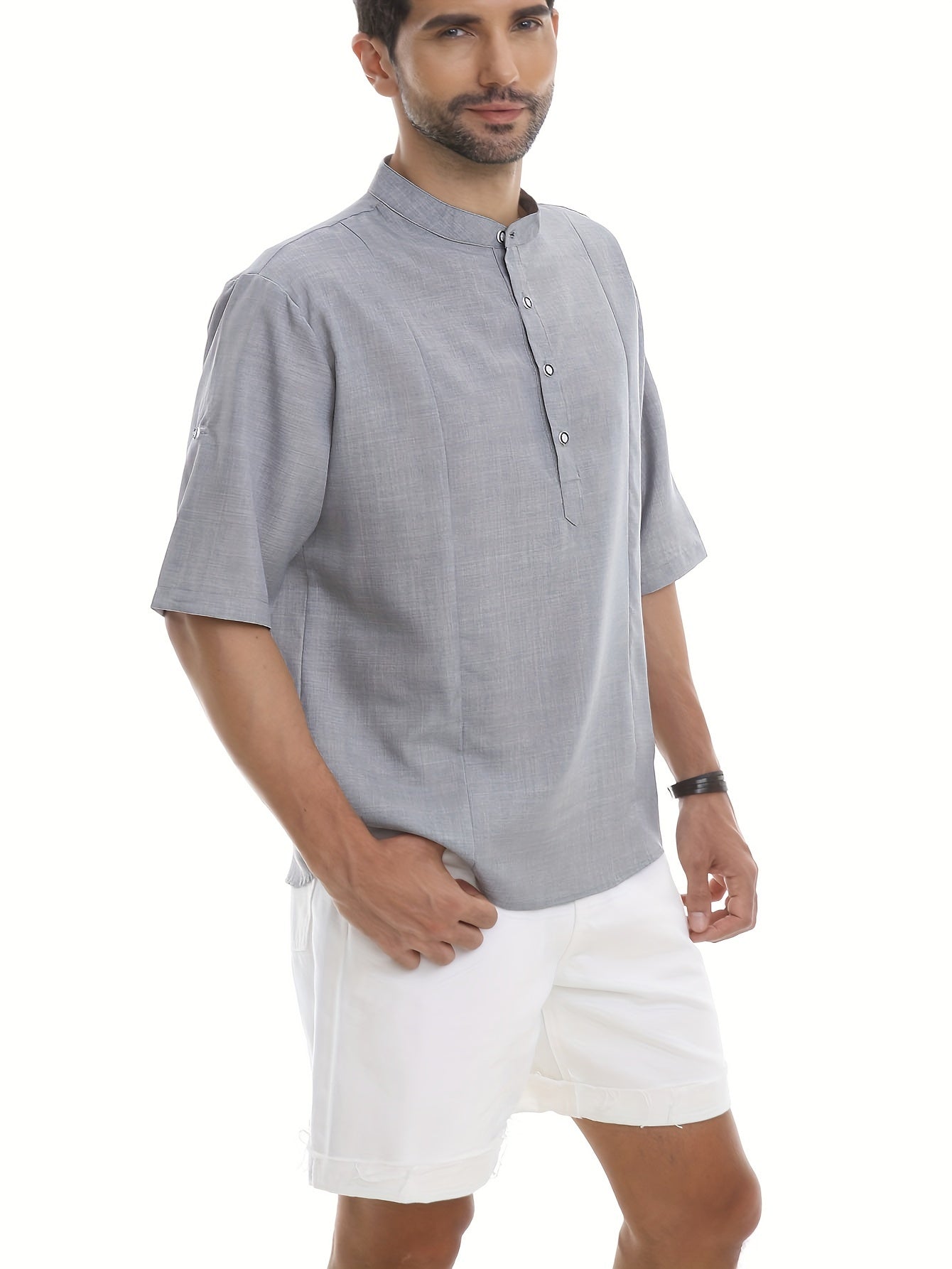 Мужская льняная хлопковая рубашка Henley темно-синего цвета для лета, повседневная, свободного кроя, увеличенного размера