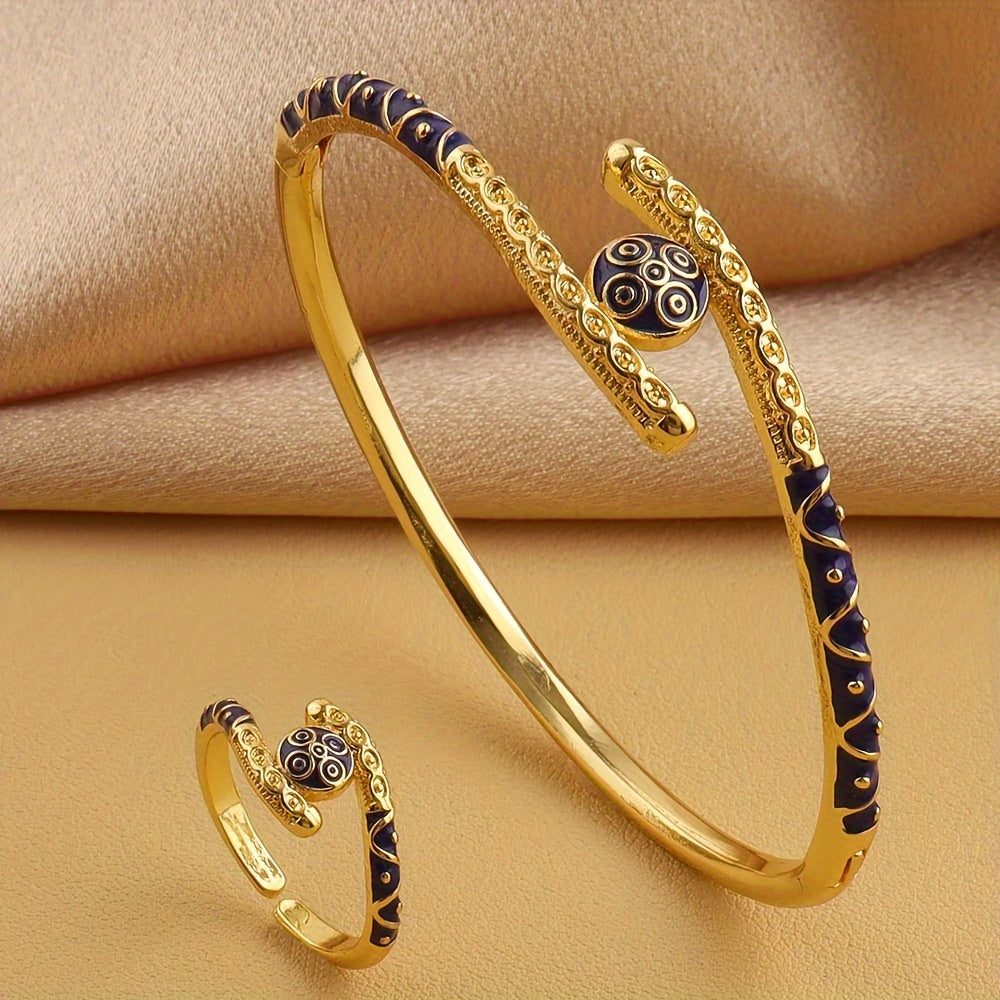 Women Boho Tribal Style Copper Cuff Bracelet and Adjustable Ring Set Gold Plated