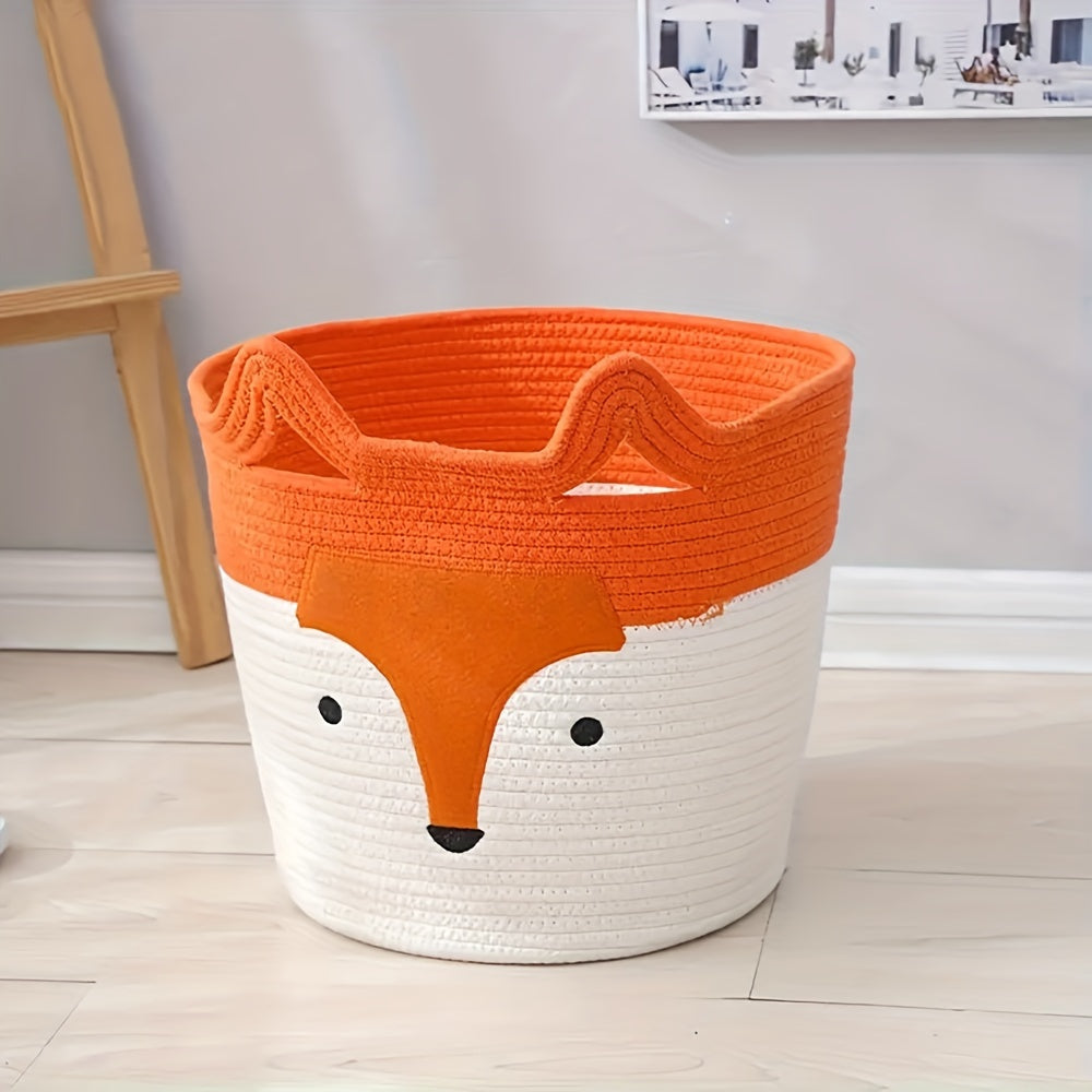 Large Cotton Rope Storage Basket for Clothes with Fox Design