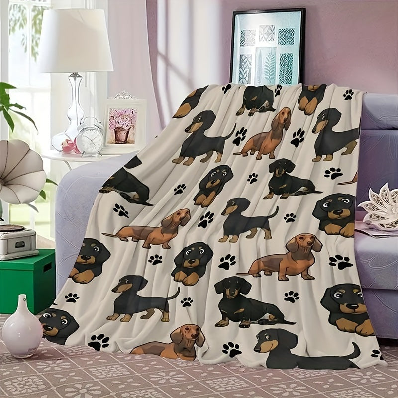 Dachshund Dog Print Fleece Blanket All-Season Machine Washable Polyester Throw