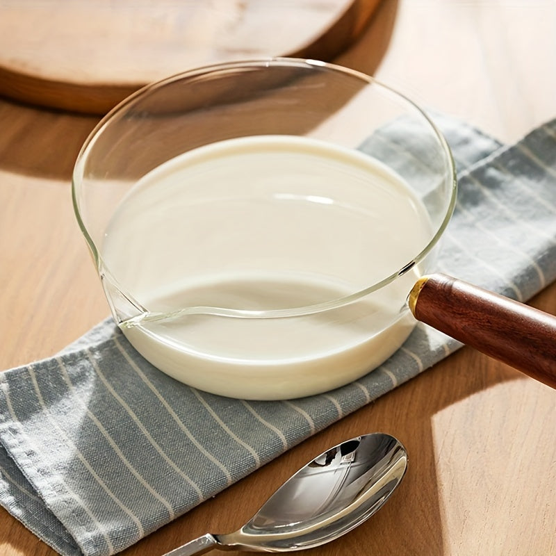 Qizil yog'och tutqichli shisha sut qozoni, yopishmaydigan qopqog' bilan, 450ml yoki 650ml