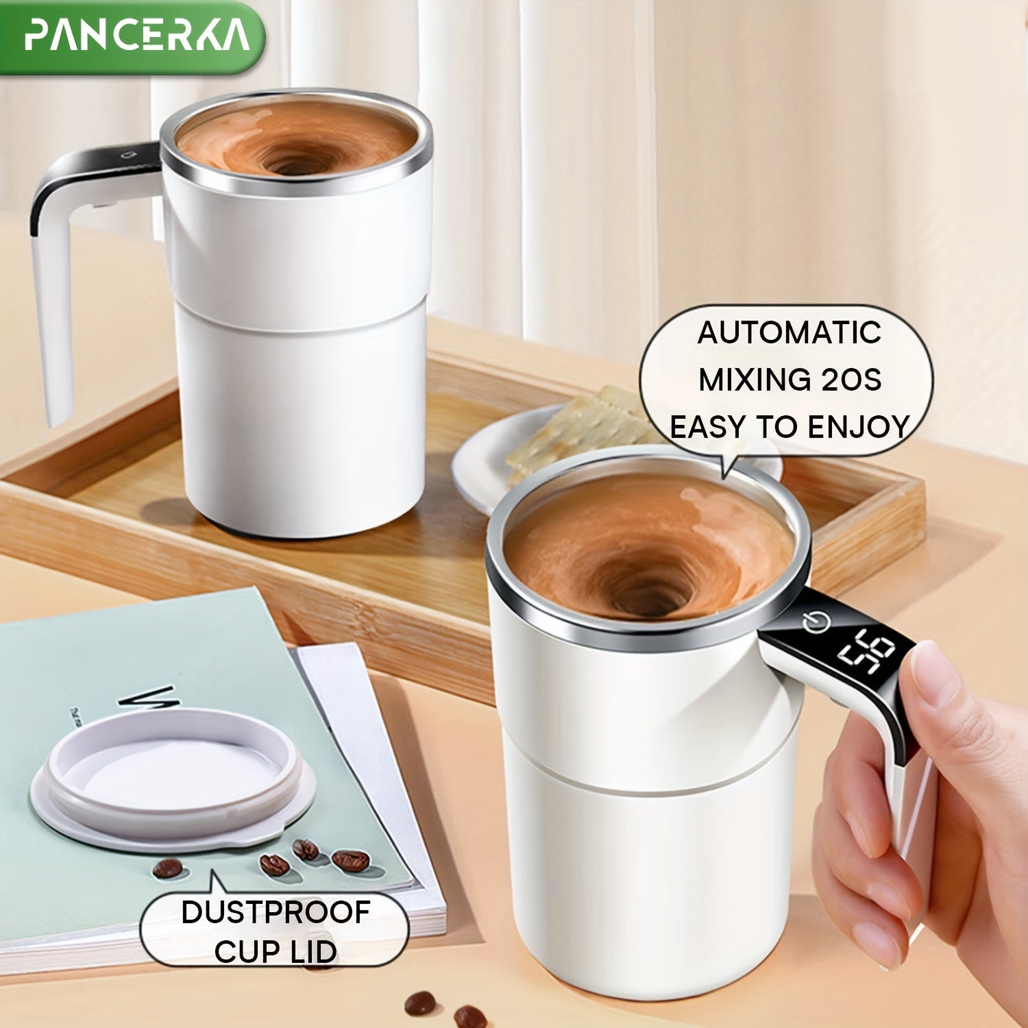 Self Stirring Coffee Mug Auto Magnetic Tumbler with Temperature Display Cream White