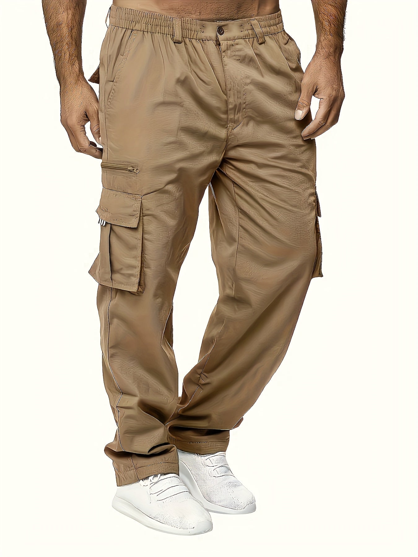 Men's Khaki Cargo Pants with Multiple Pockets Durable Polyester Elastic Waistband All-Season Casual Sports Plus Size