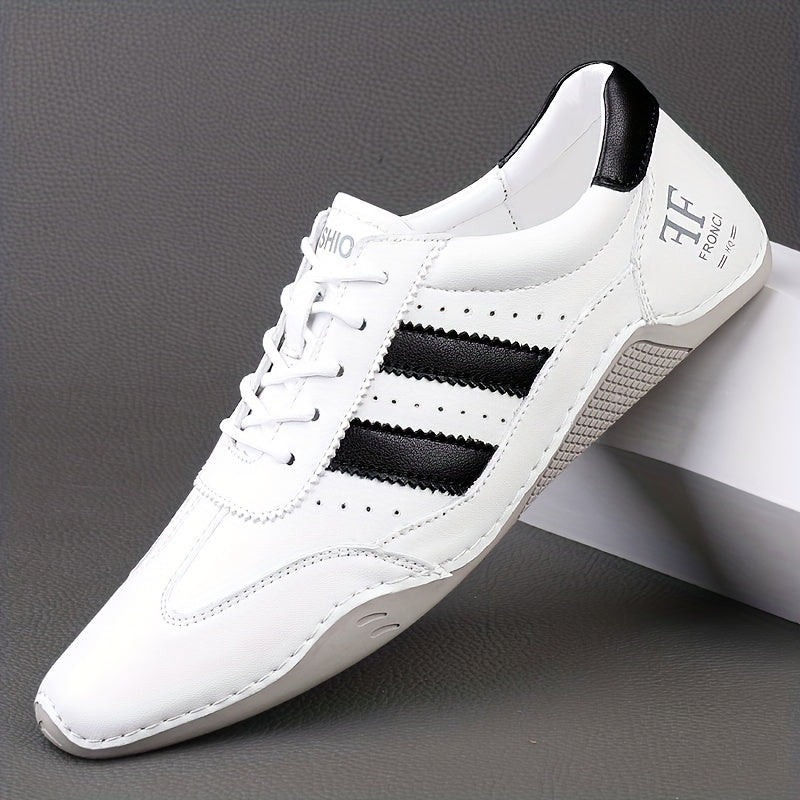 Men's Genuine Leather Sneakers White Black Stripe Rubber Sole Casual All-Season