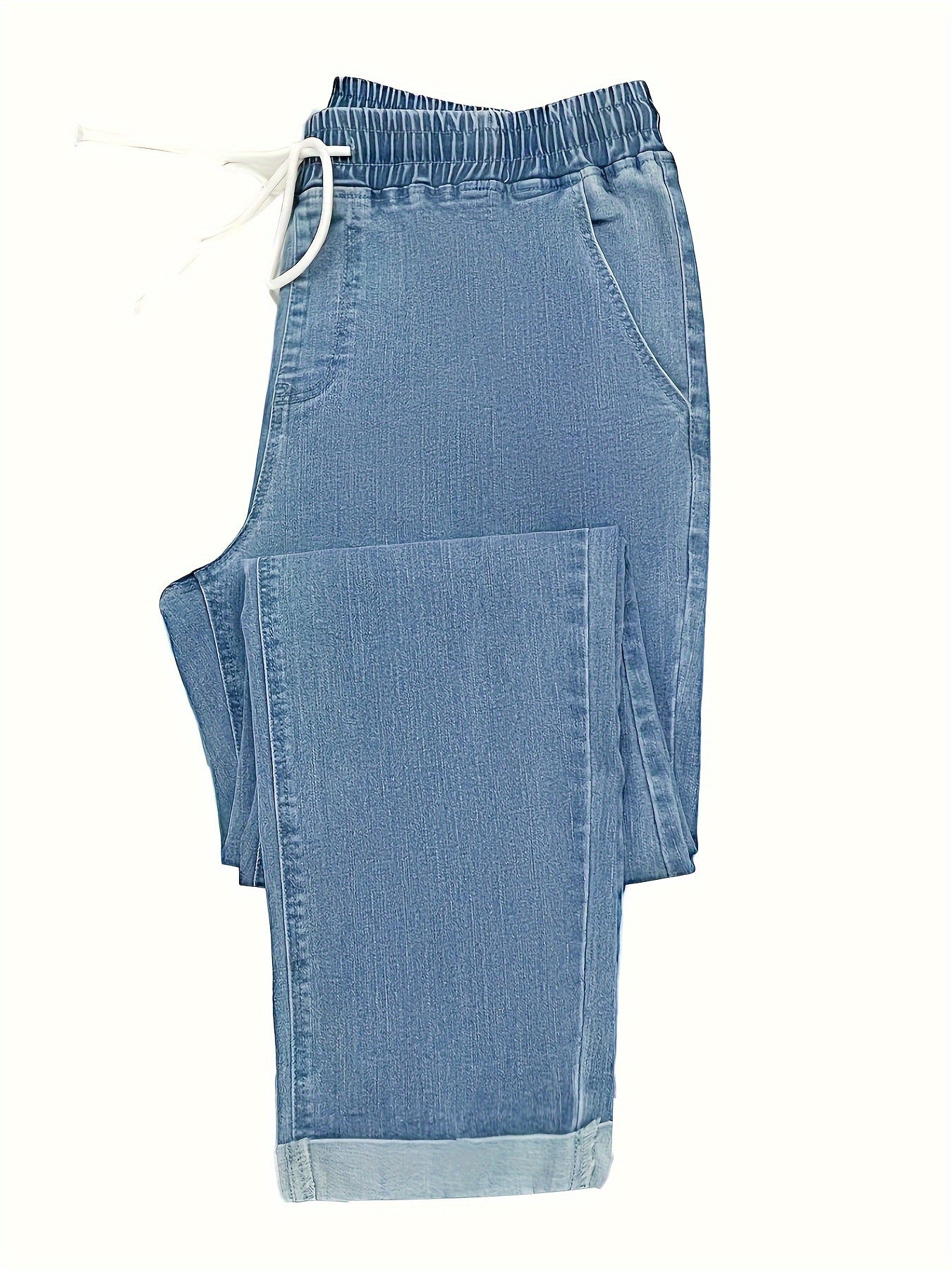 Women's Stretch Denim High-Waist Jeans Cuffed Hem Drawstring Waist
