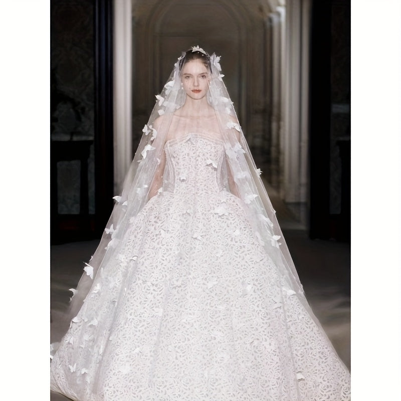 Bridal Veil with Imitation Pearls and Butterfly Detailing for Weddings