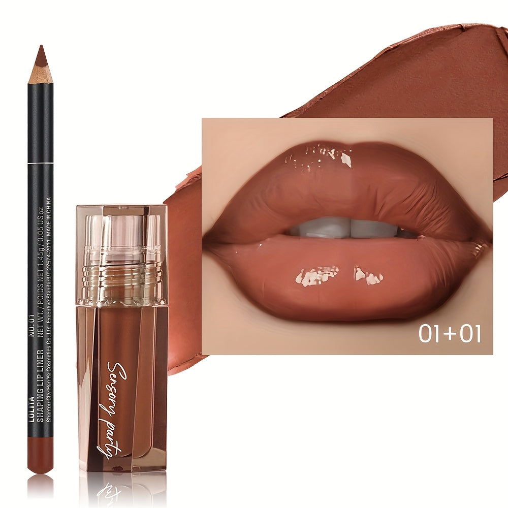 Women Lip Gloss and Lip Liner Set Dewy Finish Brown Long-Lasting Matte