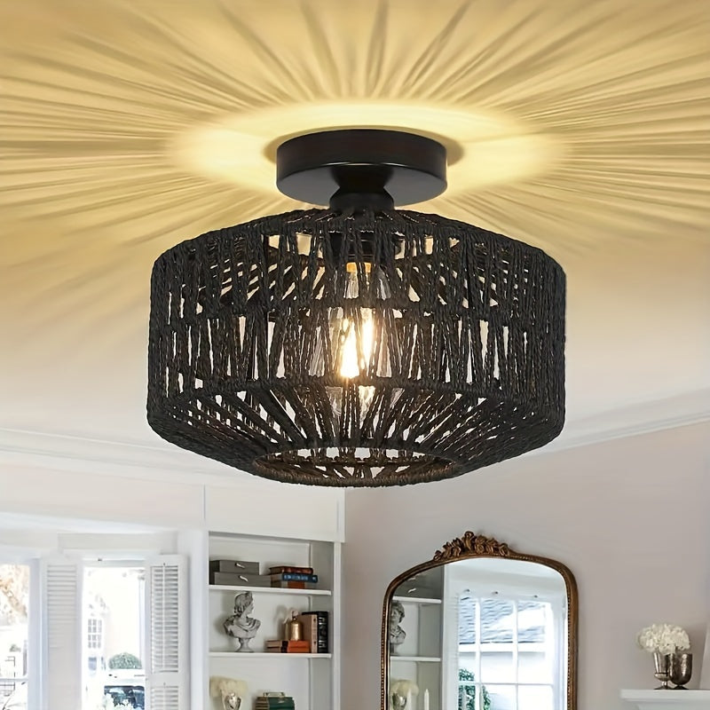 Bohemian Rattan Semi-Flush Mount Ceiling Light Fixture with Modern Metal Frame