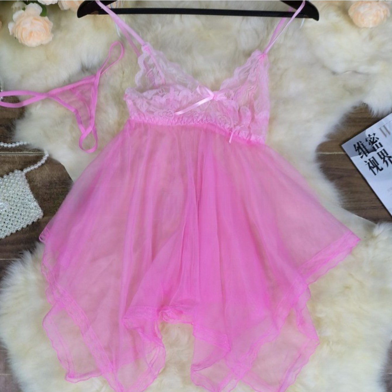 Deep V Sheer Lace Velvet Nightgown with T-Pants for Women