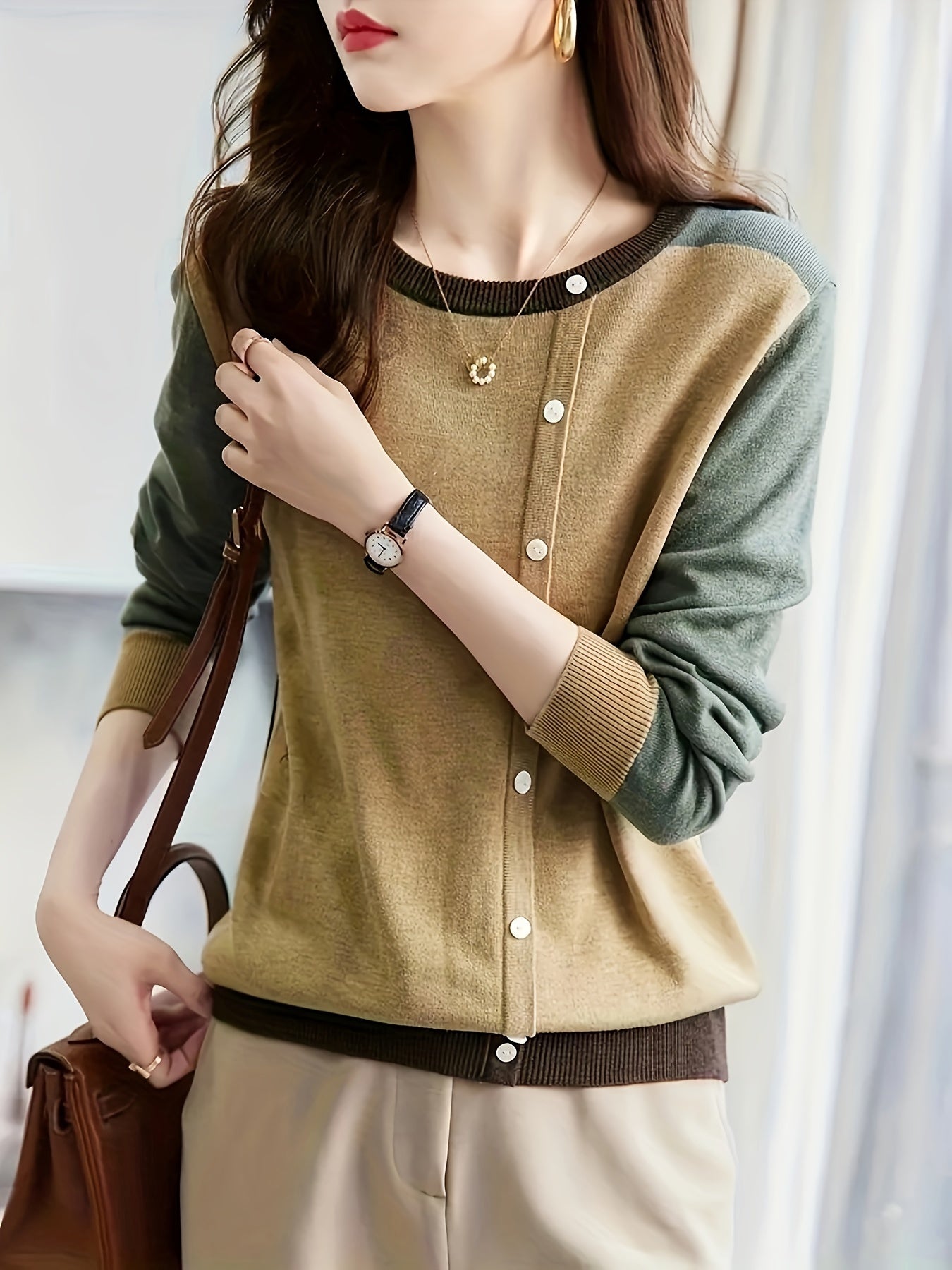 Plus Size Women Color Block Crew Neck Sweater Long Sleeve Knitted Pullover