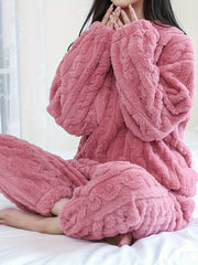 Pink Fleece Pajama Set for Women Long Sleeve Round Neck Cozy Fall Winter