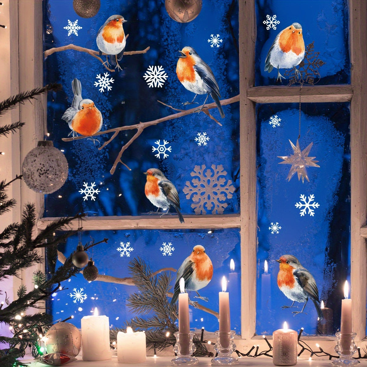 Large Snowflake Branch Birds Window Clings Set of 4 Electrostatic Stickers for Glass Winter Holiday Decorations
