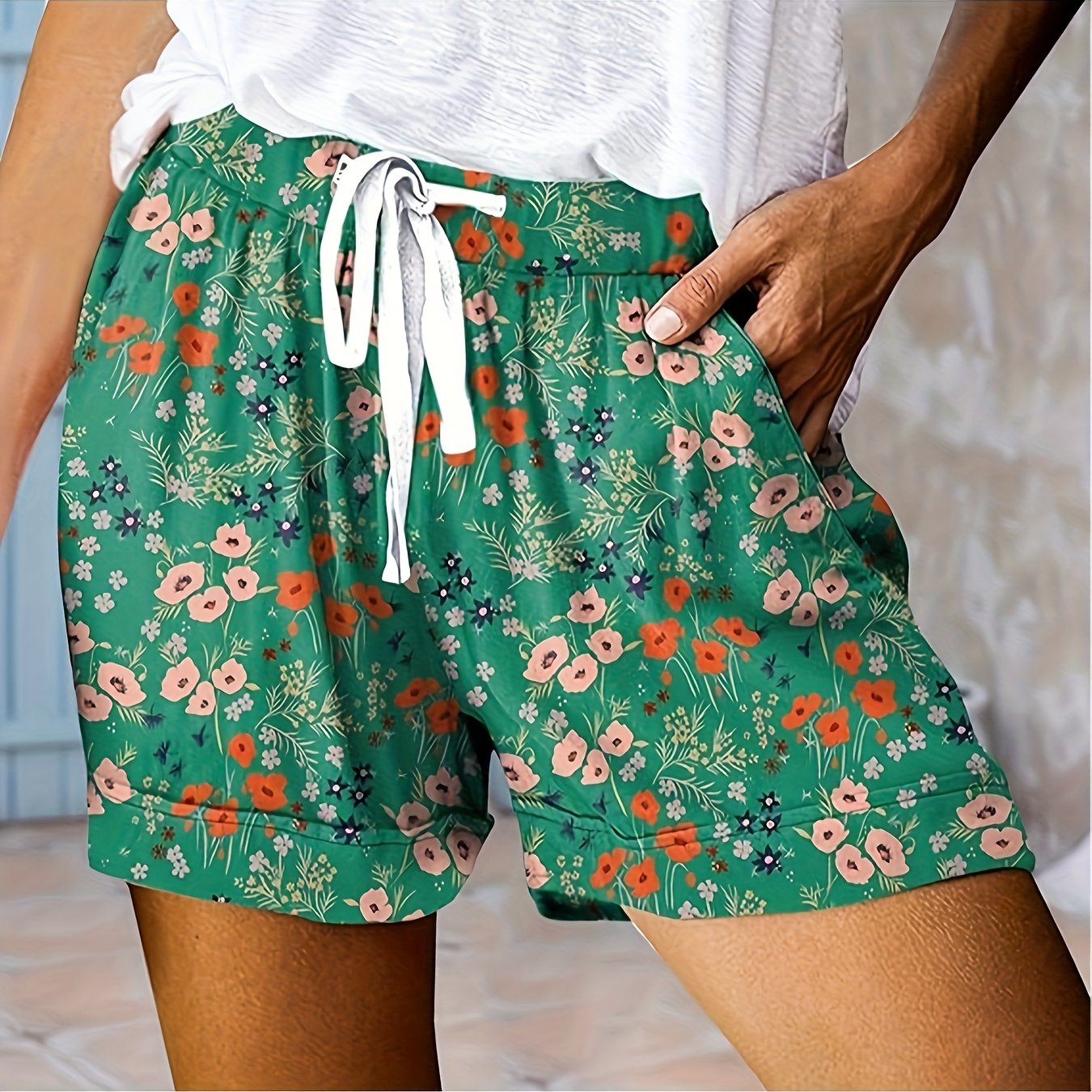 Women's Floral Print Casual Shorts Polyester Knit Drawstring Waist