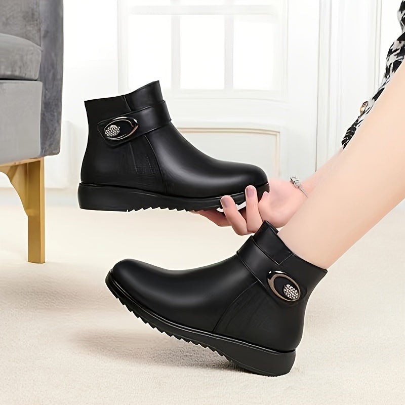 Women's Solid Color Faux Leather Boots with Buckle Zipper and Non-slip Soles
