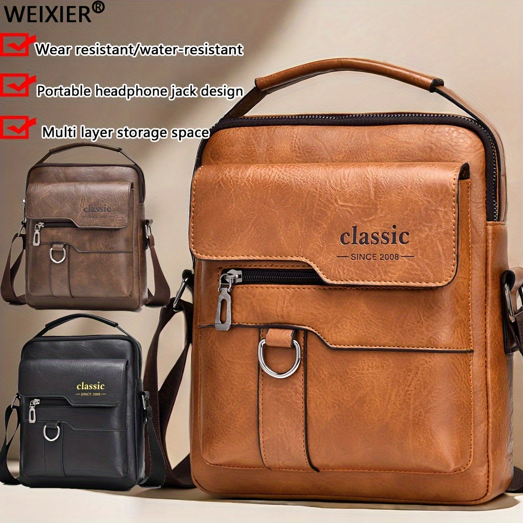 Men's Water-Resistant PU Crossbody Bag with Large Capacity Vintage Vertical Business Casual Style