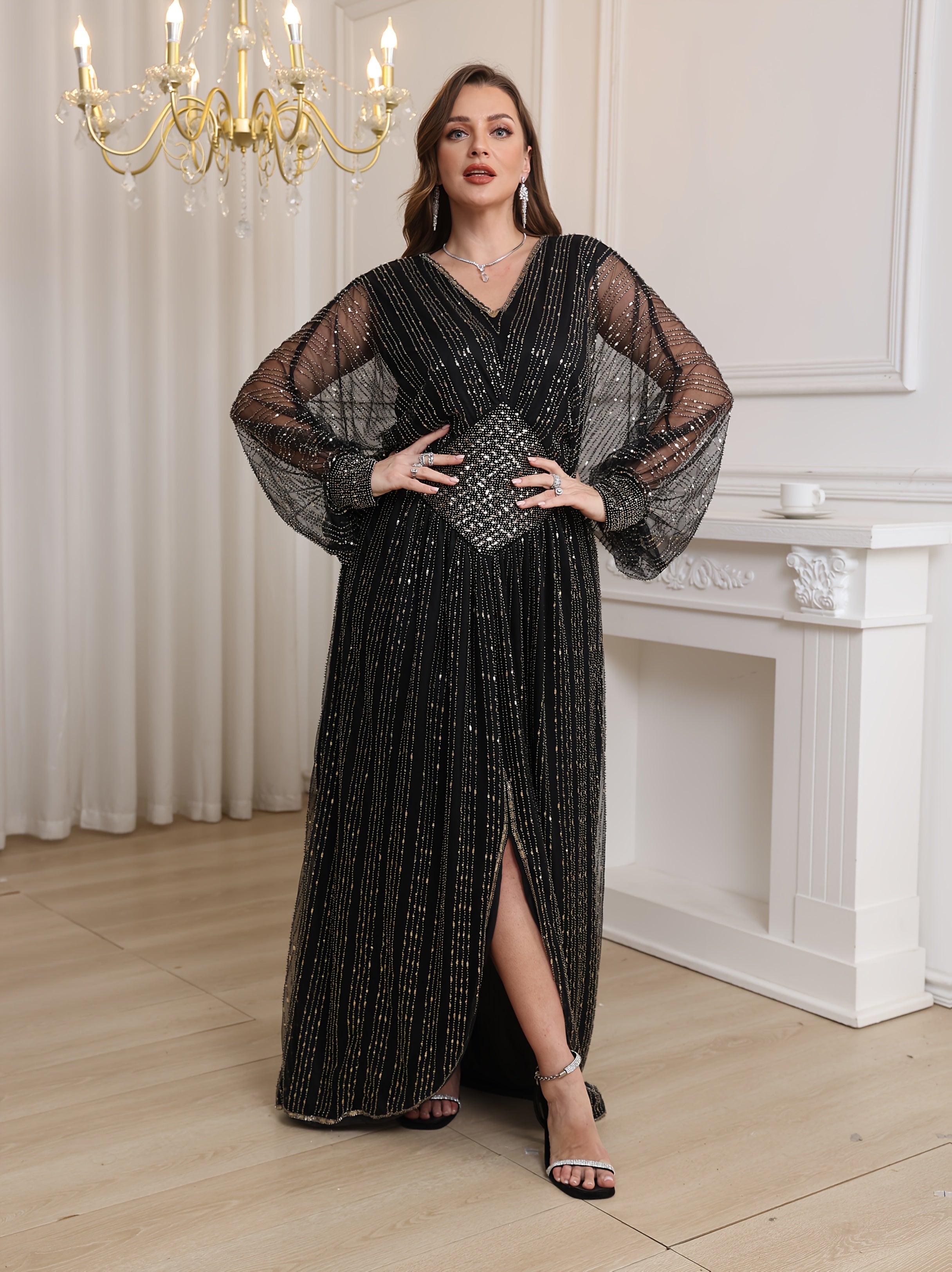Women's Beaded Sequin V-Neck Batwing Sleeve Midi Dress Formal Party Wear