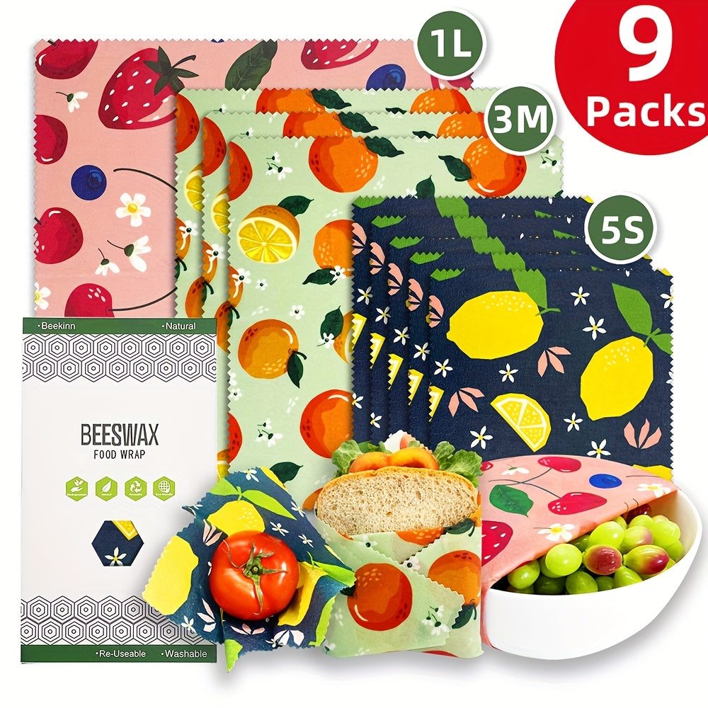 Food Covers Set 9 Pieces Beeswax Wraps Reusable Food Preservation for Leftovers and Fruits