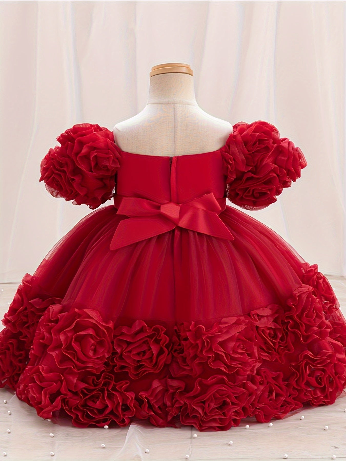 Girls Pink Princess Dress with Sequin Details Puff Sleeves Knee-Length for Pageants and Performances