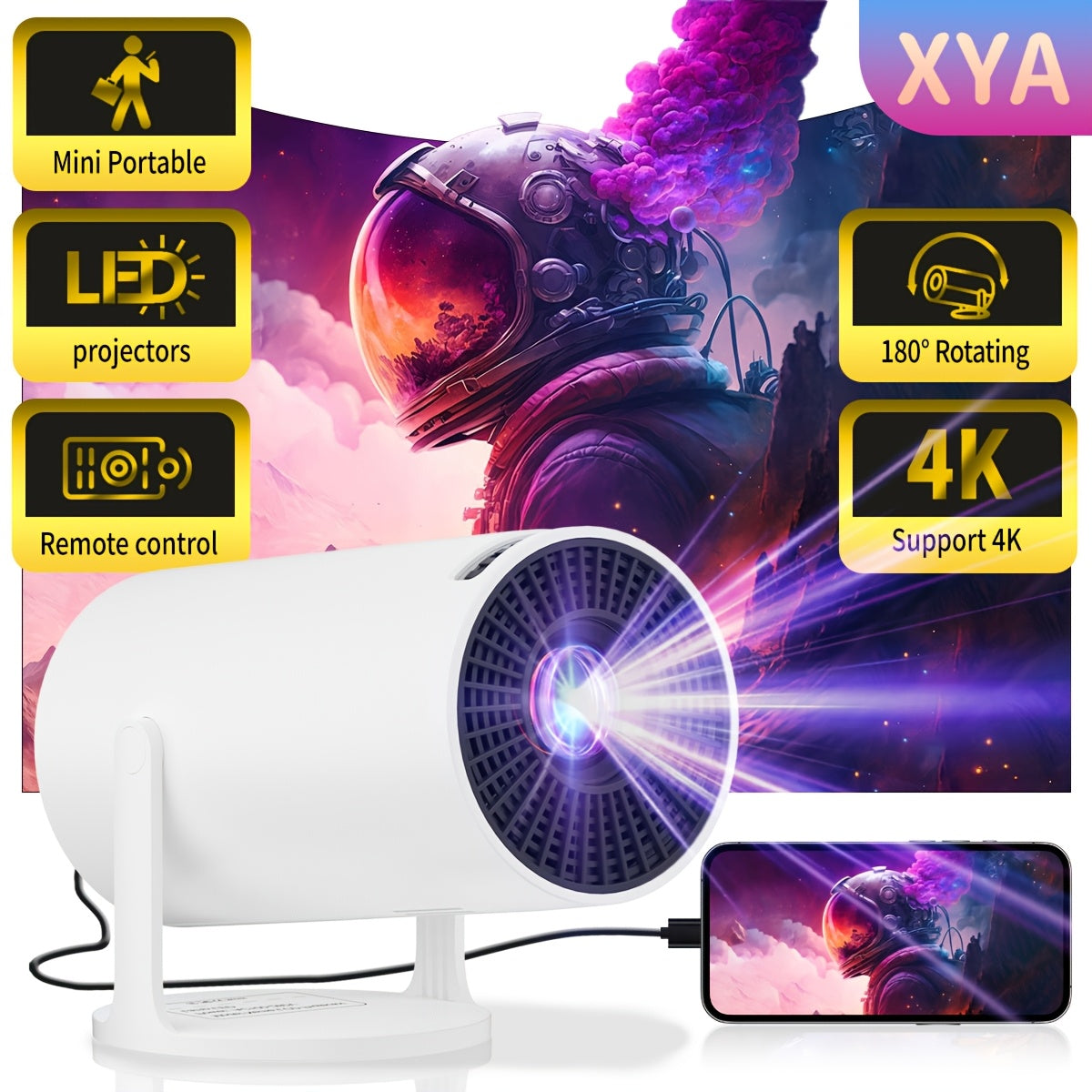Mini Portable Projector 180° Rotatable Remote White Compatible Phones Tablets