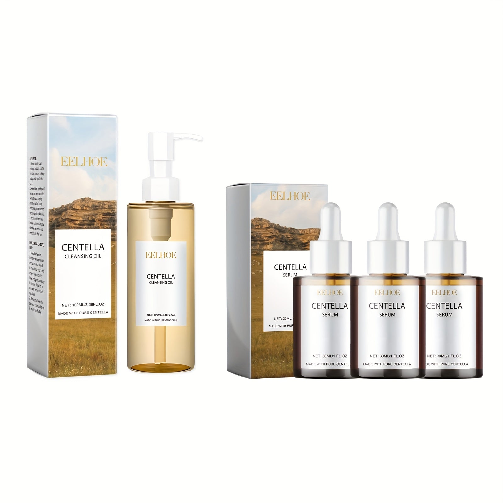 3 dona Centella Asiatica essensiyasi va 1 dona tozalovchi moy yuzni yangilash, yumshoq namlantirish va tozalash uchun ishlaydi, bu esa quruq terini yaxshilash va silliq, yumshoq teriga erishishga yordam beradi.