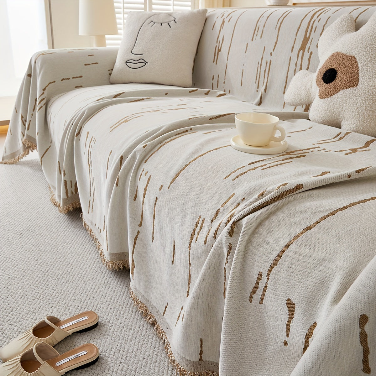 Чехол для дивана из шенилла с кисточками – Реверсивный, дружелюбный к животным, нескользящий, толстый защитный чехол для всех сезонов. Идеально подходит для декора гостиной, кухни и кафе.